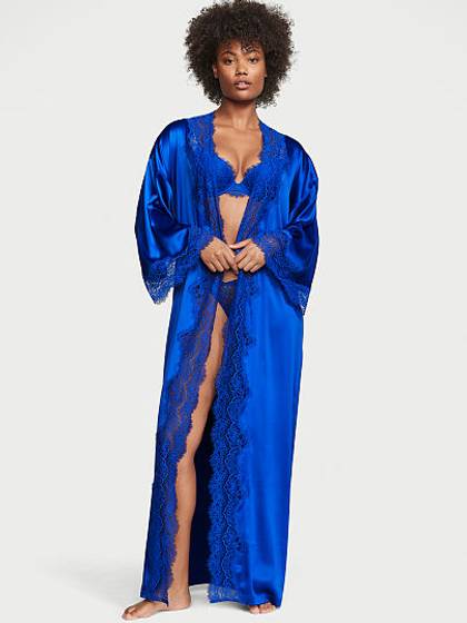 Lace-Trim Satin Long Robe