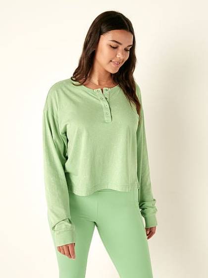 Cotton Cropped Long Sleeve Campus Henley T-Shirt