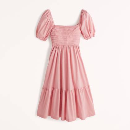 Ruched Puff Sleeve Poplin Midi Dress