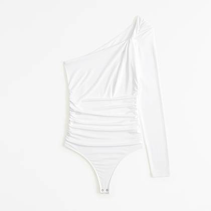Long-Sleeve One-Shoulder Twist Ruched Bodysuit