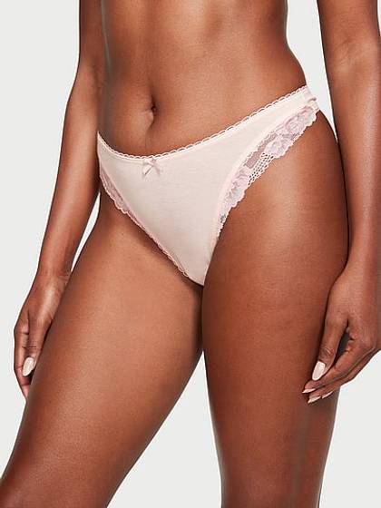 Body by Victoria Stretch Cotton Lace-Trim High-Leg Scoop Thong Panty