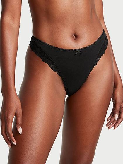 Body by Victoria Stretch Cotton Lace-Trim High-Leg Scoop Thong Panty