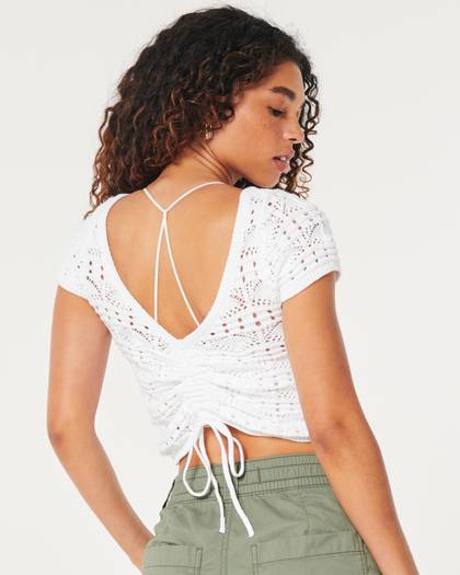 Short-Sleeve Reversible Cinch Crochet Sweater T-Shirt