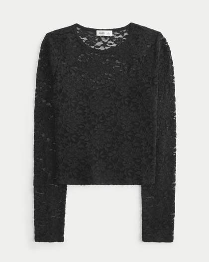 Long-Sleeve All-Over Lace Crew Top