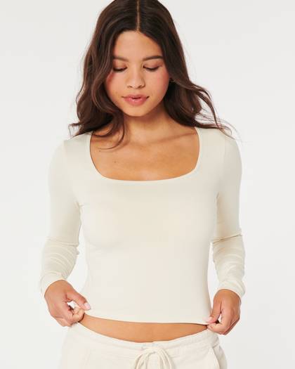 Seamless Fabric Long-Sleeve Square-Neck T-Shirt