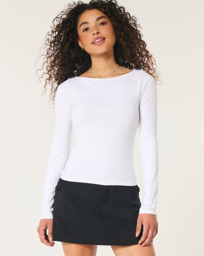 Seamless Fabric Long-Sleeve Boatneck Top