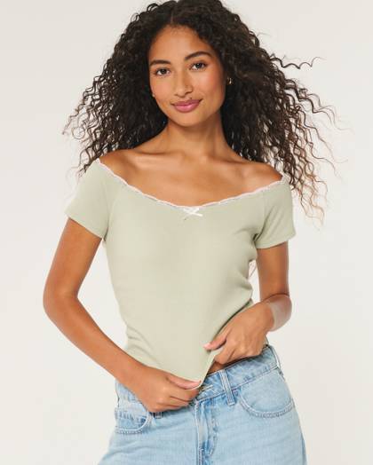 Off-the-Shoulder Lace Trim Top