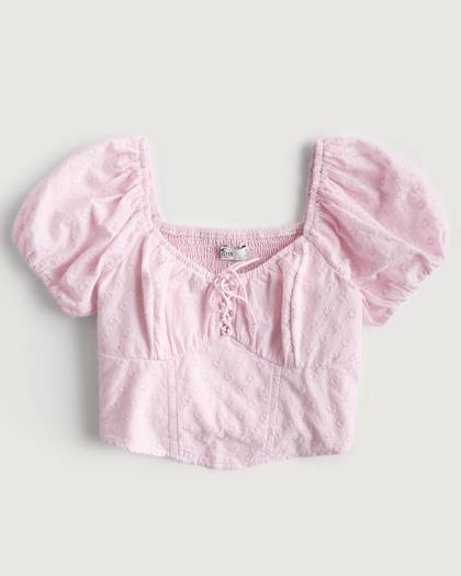 Crop Lace-Up Puff Sleeve Blouse
