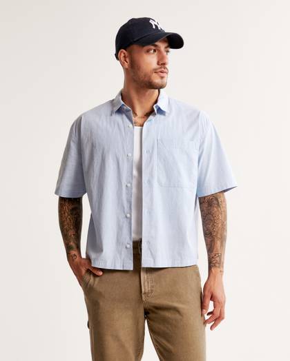 Short-Sleeve Cropped Poplin Button-Up Shirt