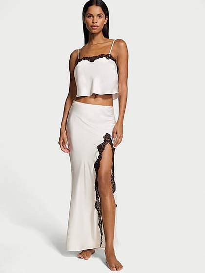 Satin Lace-Trim Cropped Top & Slip Skirt Set