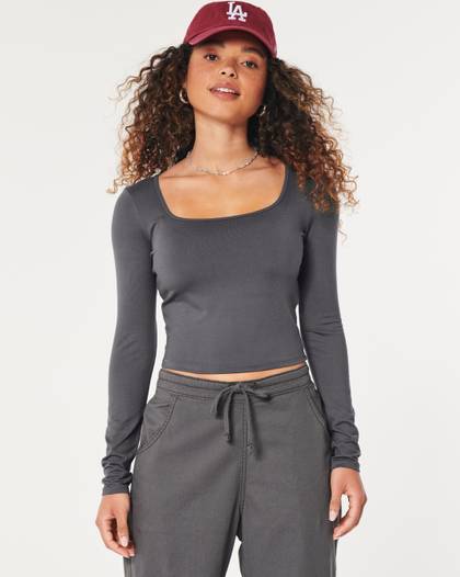 Long-Sleeve Soft Stretch Seamless Fabric Square-Neck Top