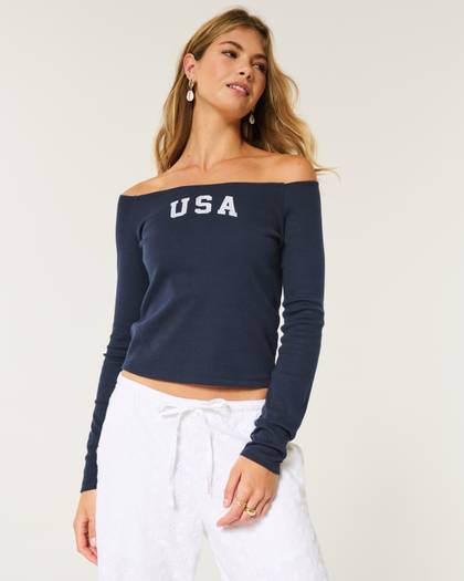 Long-Sleeve Off-the-Shoulder USA Graphic Baby Tee