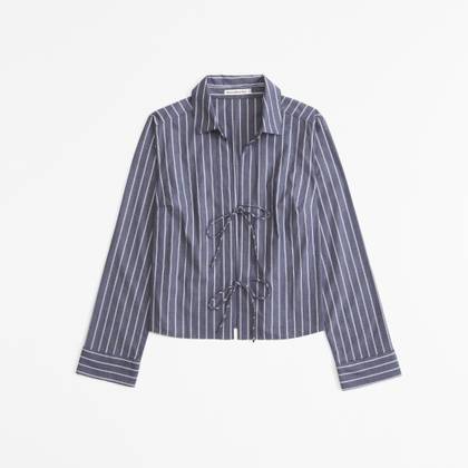 Long-Sleeve Poplin Tie-Front Shirt