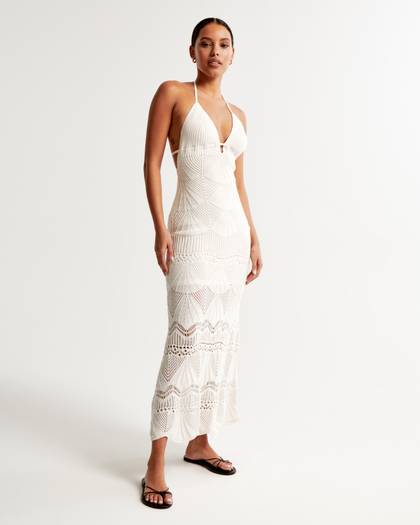 Crochet-Style Halter Maxi Dress