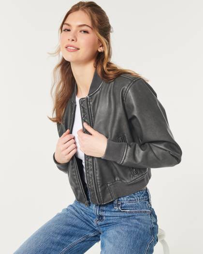 Zip-Up Vegan Leather Bomber Jacket