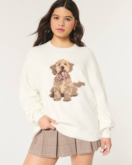 Oversized Puppy Graphic Crew Sweater