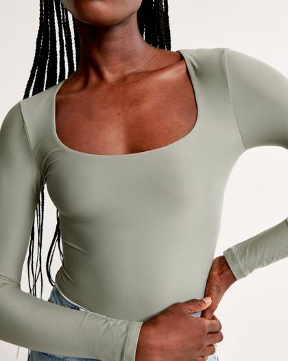 Soft Matte Seamless Long-Sleeve Squareneck Bodysuit