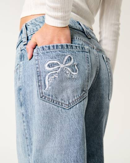 Low-Rise Medium Wash Embroidered Bow Baggy Jeans