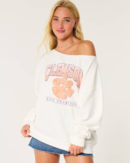 Oversized Clemson University Off-the-Shoulder Sweatshirt