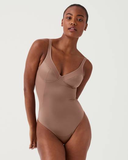 Satin Shaping Mesh Thong Bodysuit - Cafe Au Lait