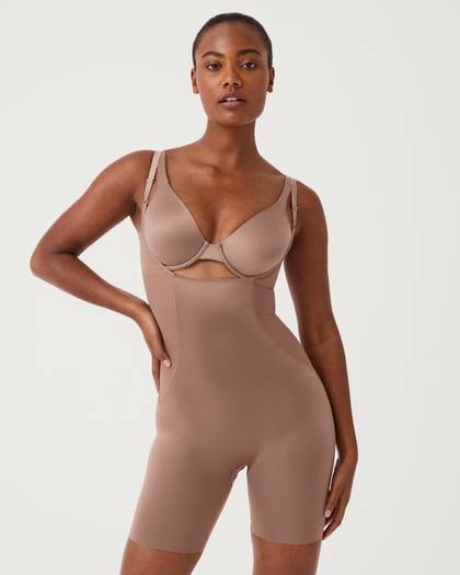 Satin Shaping Mesh Open-Bust Mid-Thigh Bodysuit - Cafe Au Lait