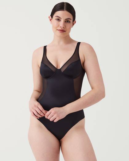 Satin Shaping Mesh Thong Bodysuit - Very Black