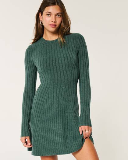 Ribbed Skater Mini Sweater Dress