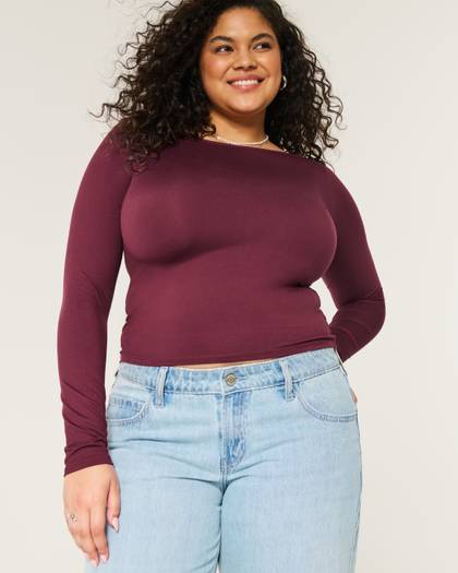 Soft Stretch Seamless Fabric Boat-Neck Top