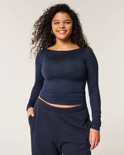 Soft Stretch Seamless Fabric Boat-Neck Top