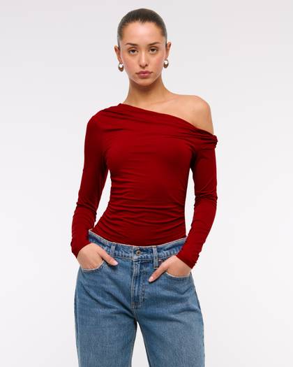 Long-Sleeve Off-The-Shoulder Draped Top