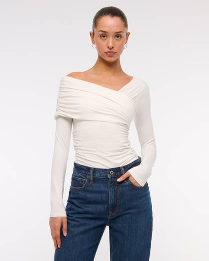 Long-Sleeve Off-The-Shoulder Draped Wrap Top