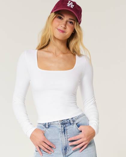 Soft Stretch Seamless Fabric Square-Neck Top
