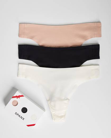 SPANX® Fit-To-You Pima Cotton Thong 3-Pack - Champagne Beige/Very Black/Powder