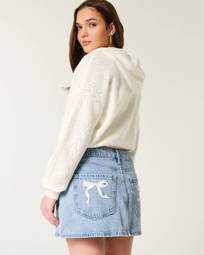 Low-Rise Bow Applique Denim Mini Skort