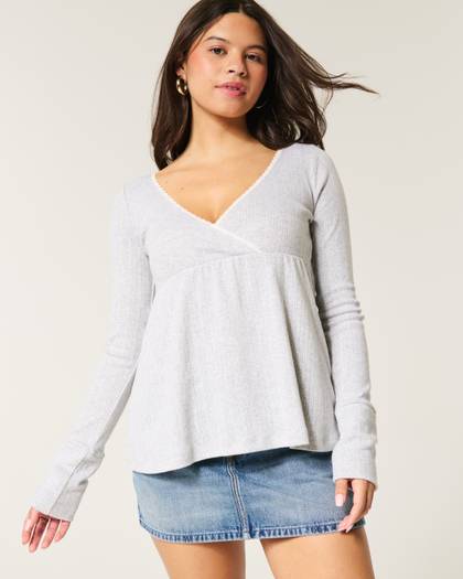 Easy Long-Sleeve Pointelle Babydoll Top