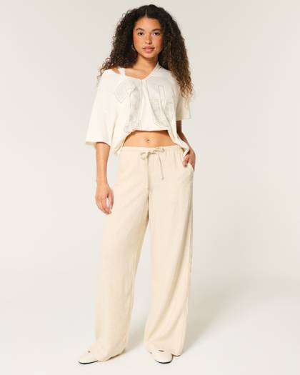 Linen-Blend Pull-On Baggy Pants
