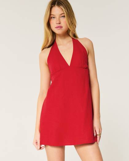 Open Back Linen-Blend Halter Dress