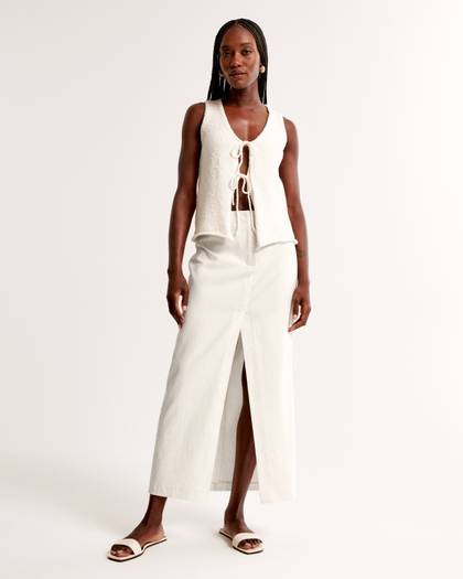 Mid Rise Linen-Blend Maxi Skirt