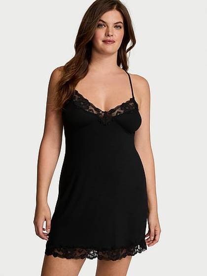 SoSoft™ Modal Ribbed Lace-Trim Cross-Back Slip Dress