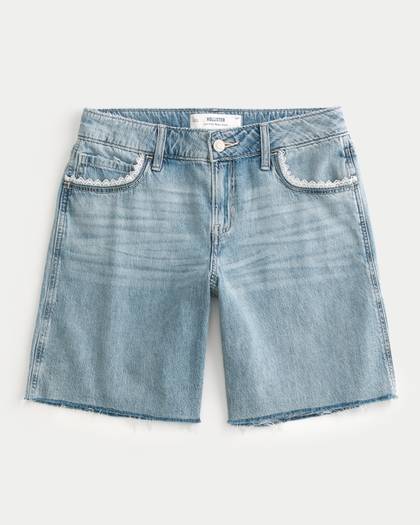 Low-Rise Light Wash Lace Trim Jort