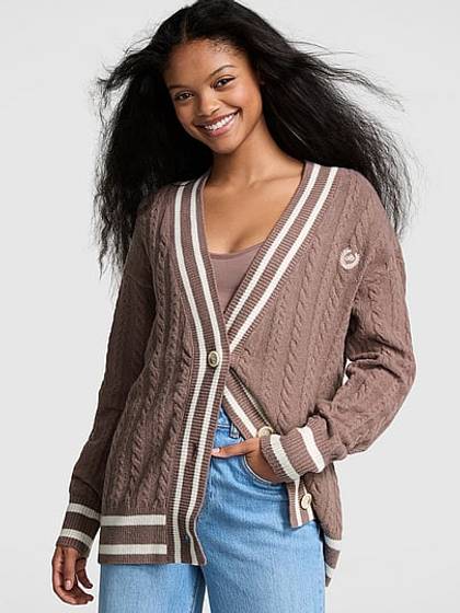 Collegiate Cable-Knit Oversized Cardigan