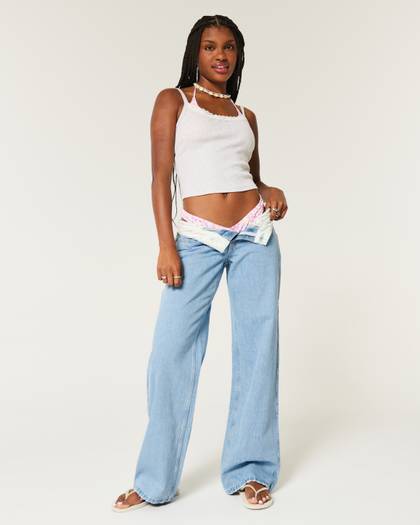 Low-Rise Light Wash Foldover Waist Baggy Jeans