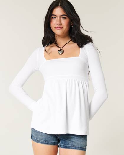 Easy Long-Sleeve Square-Neck Babydoll Top