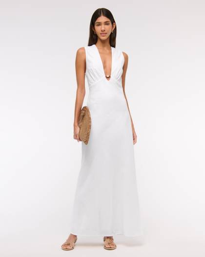 Beaded Plunge Linen-Blend Maxi Dress