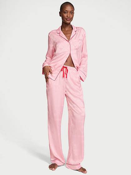 Glazed Satin Heart Long Pajama Set