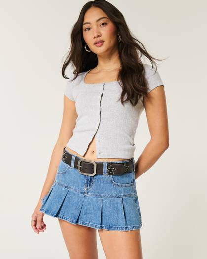 Low-Rise Medium Wash Pleated Denim Mini Skort