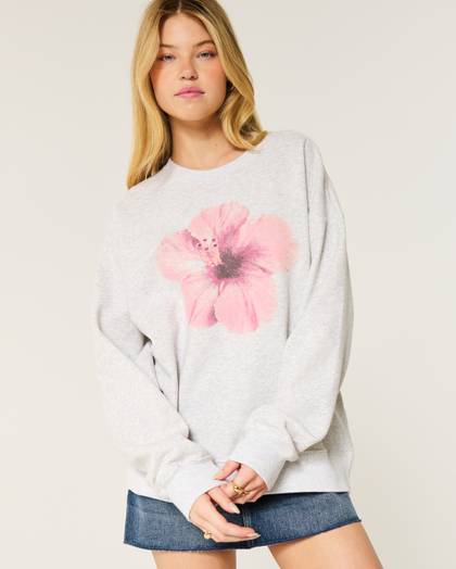 Oversized Flower Graphic Crew Sweatshirt