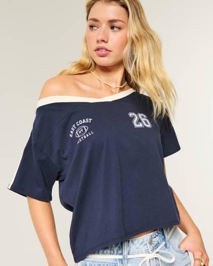 Oversized Off-the-Shoulder Varsity Graphic Tee