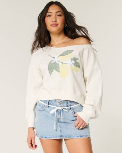 Easy Off-the-Shoulder Lemon Graphic Crew Sweatshirt
