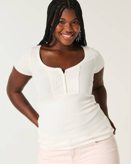 Ribbed Lace Placket Scoop Henley